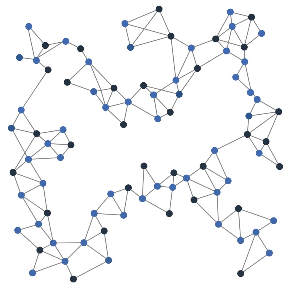 Abstract illustration of a molecular lattice: blue and black nodes
                    joined by thin grey lines into an open network.