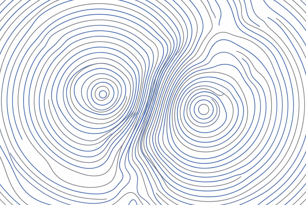 Abstract illustration of concentric contour lines in blue and grey,
                    forming an interference pattern around two offset centres.